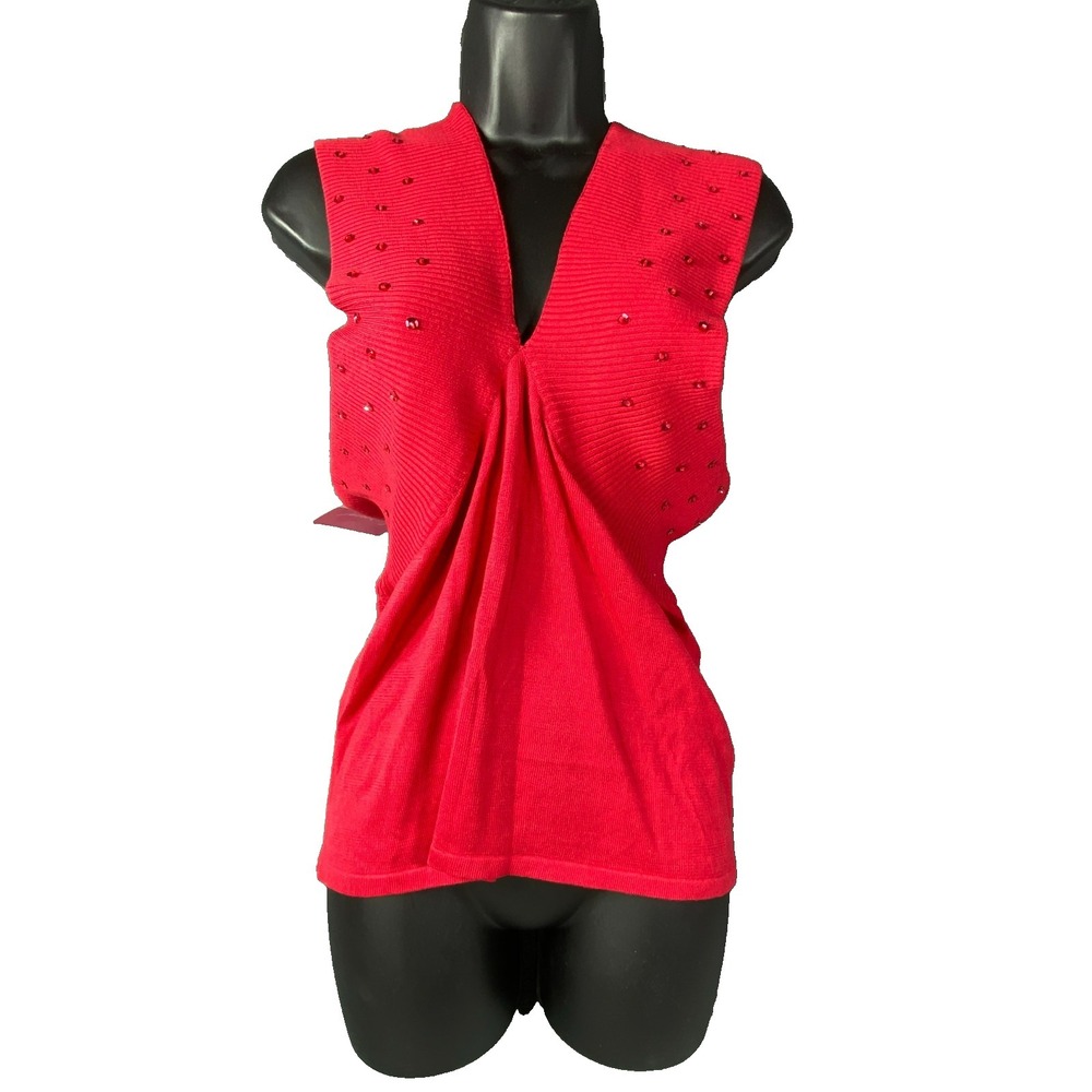 Womens Red Silk Blend Top Rhinestone Sleeveless MD Knit Y2K‎ Party Bold Dressy